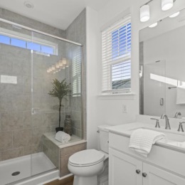 a bathroom with a glass shower